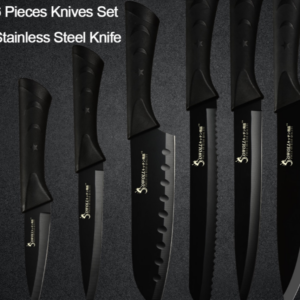 Stainless Steel Kitchen Knives 6 Piece Set Sharp Black Blade ABS+TPR Handle Knife Meat Fish Fruit Cooking Accessories